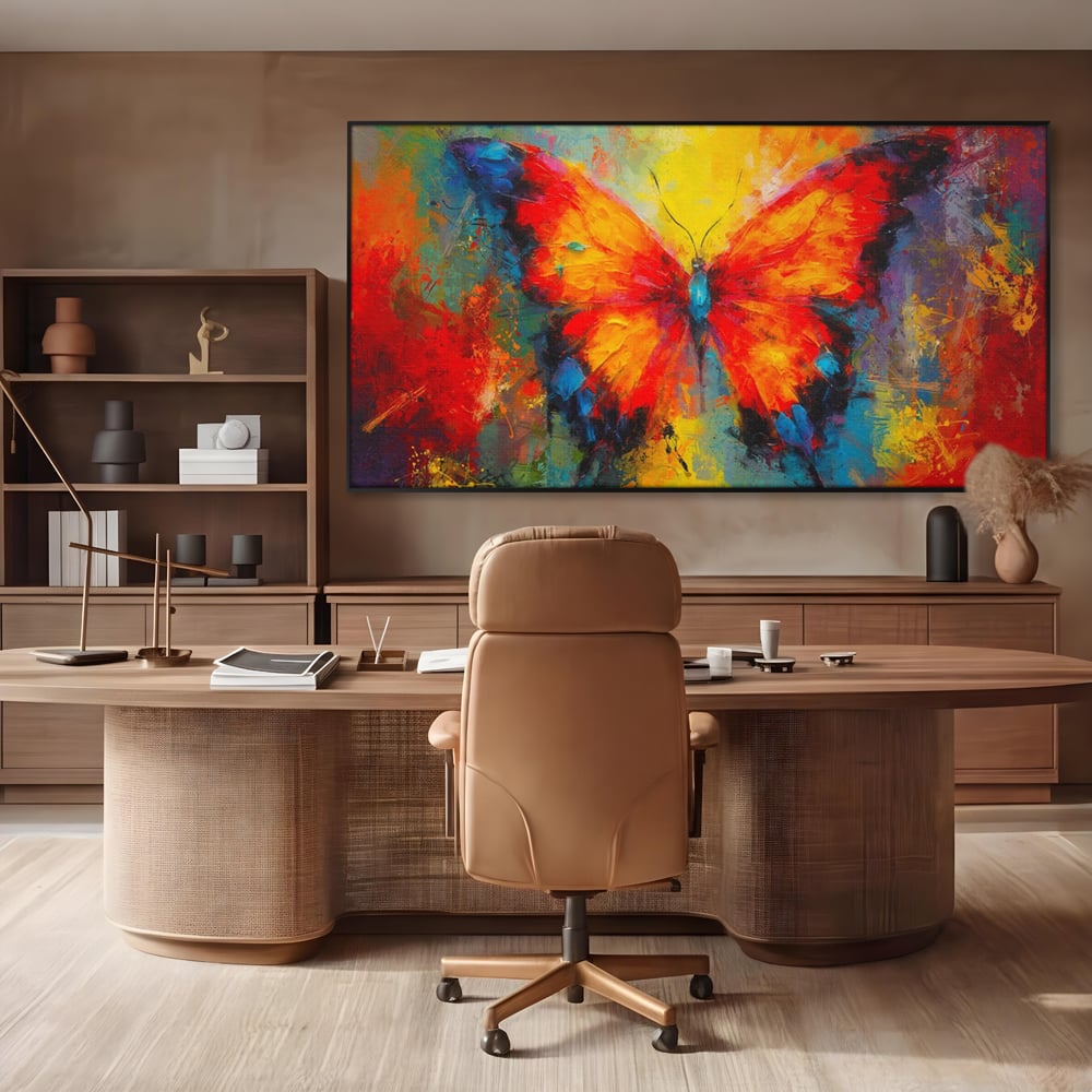 Tablou canvas cu pictura orizontala cu fluture colorat, in rama de aluminiu negru, pe perete intr-un birou